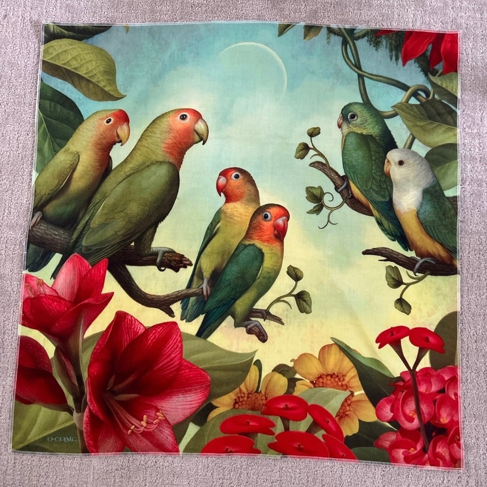 Silky Scarf Recycled Content Parrots 27.5 x 27.5”